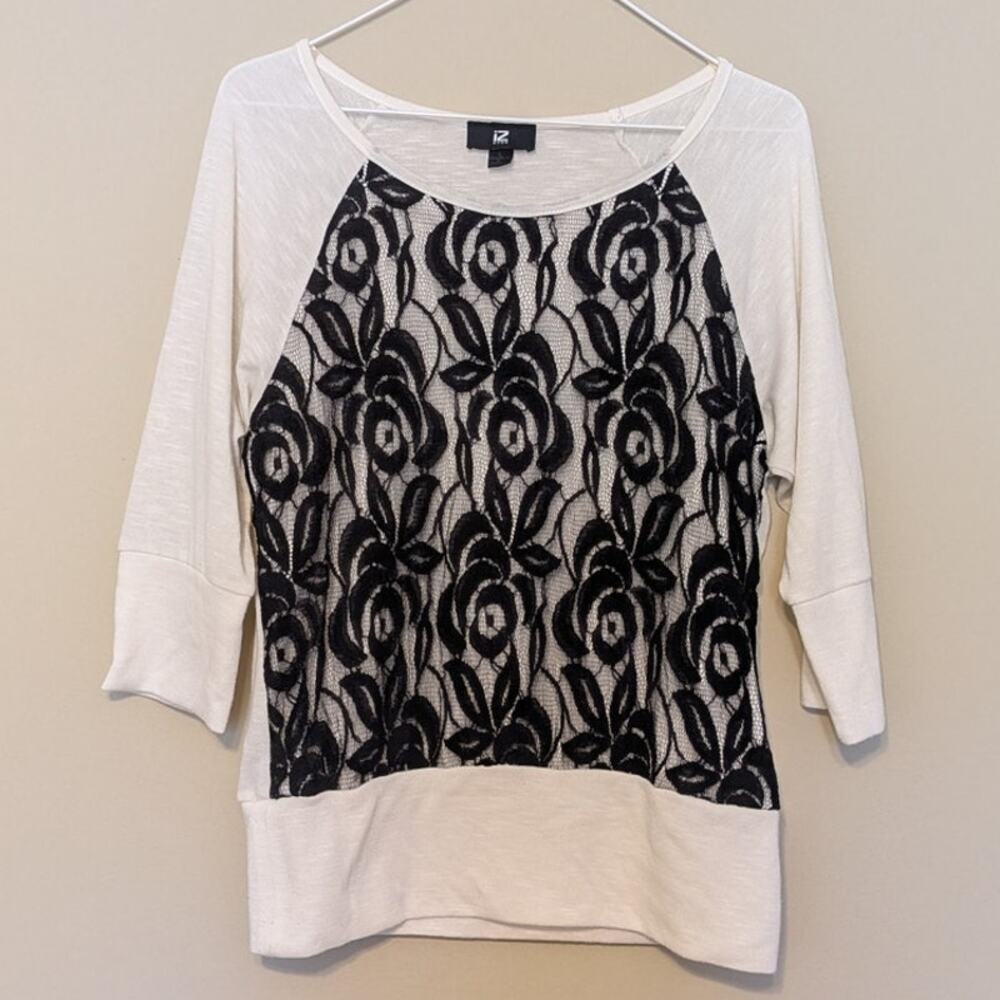 iZ ByerWhite Top with Black Lace Floral Design And 3/4 Sleeves